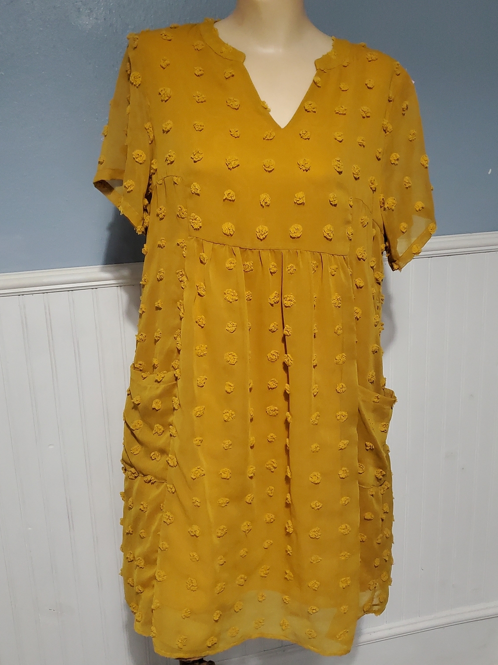 V-neck Swiss Dot Mustard Yellow Babydoll Dress Size Med Cottagecore Transitional